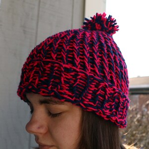 Hot Pink and Navy Knit Hat, Knit Winter Beanie, Hat with Pompom