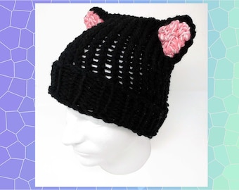 Chapeau noir d’oreilles de chat, chapeau noir tricoté, chapeau d’oreille animale