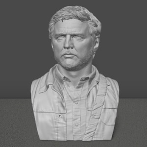 Könnte beinhalten: Eine weiße Gipsbüste eines Mannes mit kurzen braunen Haaren. Er trägt ein Hemd mit Knöpfen und eine Jacke. Die Büste ist eine realistische Darstellung einer Person.