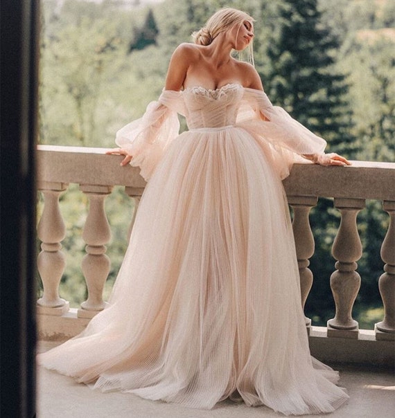 Pink Tulle Wedding Dress Trapeze Cut Long Puff Sleeves - Etsy