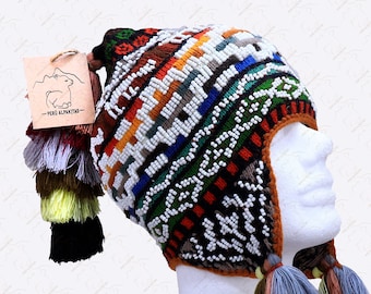 Beaded Shaman Ch'ullo Peru / llamas / natural color /  Winter Hat Colorful Pom Poms Tassels Earflaps Chullo