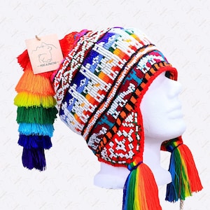Beaded Shaman Ch&#39;ullo Peru Winter Hat Colorful Pom Poms Tassels Earflaps Chullo