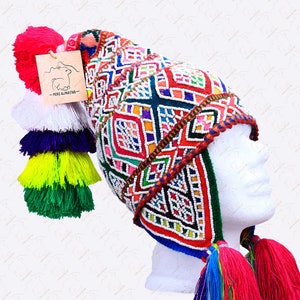 Q&#39;ero Andean Chullo Cap - Beaded, Ceremonial/Colorful Chullo Pom Pom/Peruvian hand knitted Chullo with Llamas/Beautiful Q&#39;ero Chullo Hat