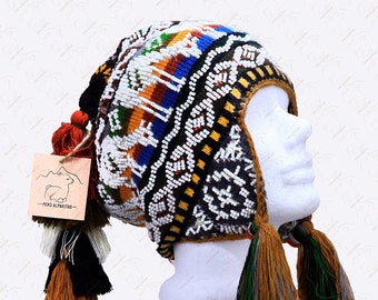 Beaded Shaman Ch'ullo Peru / llamas / natural color /  Winter Hat Colorful Pom Poms Tassels Earflaps Chullo