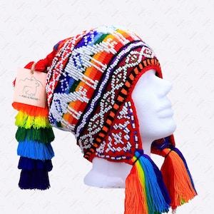 Beaded Shaman Ch&#39;ullo Peru Winter Hat Colorful Pom Poms Tassels Earflaps Chullo