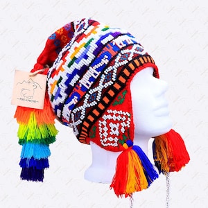 Beaded Shaman Ch&#39;ullo Peru Winter Hat Colorful Pom Poms Tassels Earflaps Chullo