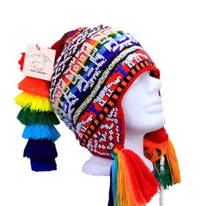 Beaded Shaman Ch&#39;ullo Peru Winter Hat Colorful Pom Poms Tassels Earflaps Chullo