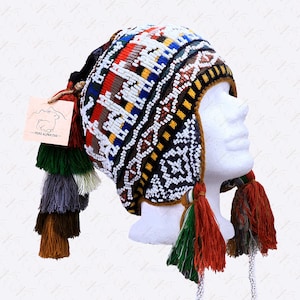 Beaded Shaman Ch&#39;ullo Peru Winter Hat Colorful Pom Poms Tassels Earflaps Chullo
