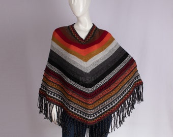 Peruvian Luxury: 100% Alpaca Striped Poncho with V-Shaped Llamas and Fringes