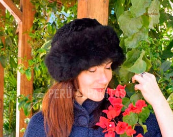 Black Alpaca Fur Hat, Handmade Peruvian Cossack Style