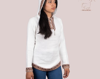 Maglione con cappuccio in alpaca peruviano, felpa con cappuccio in maglia da donna