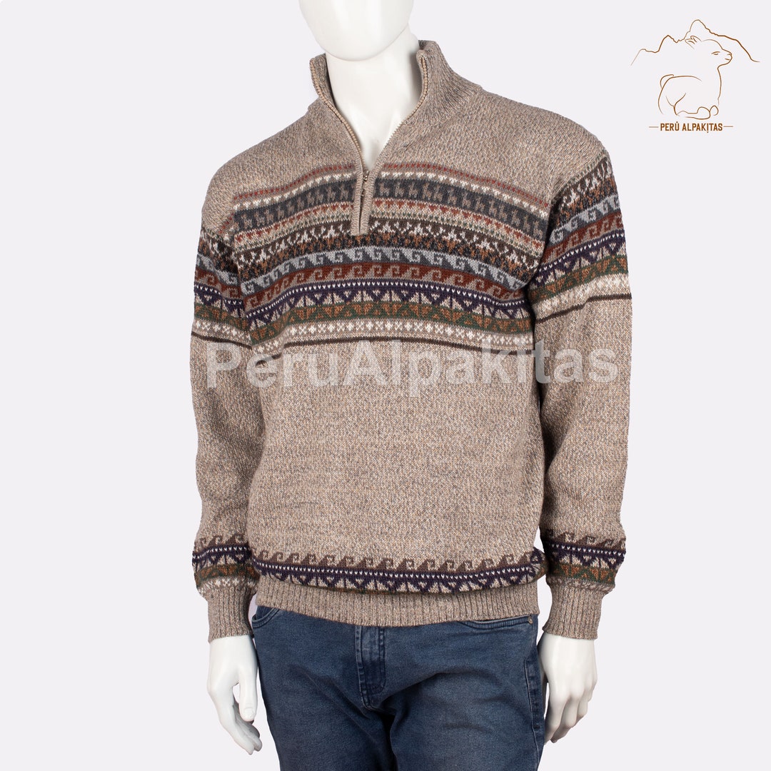 Baby Alpaca Sweater for Men With High Neck and Zipper, Beige Baby