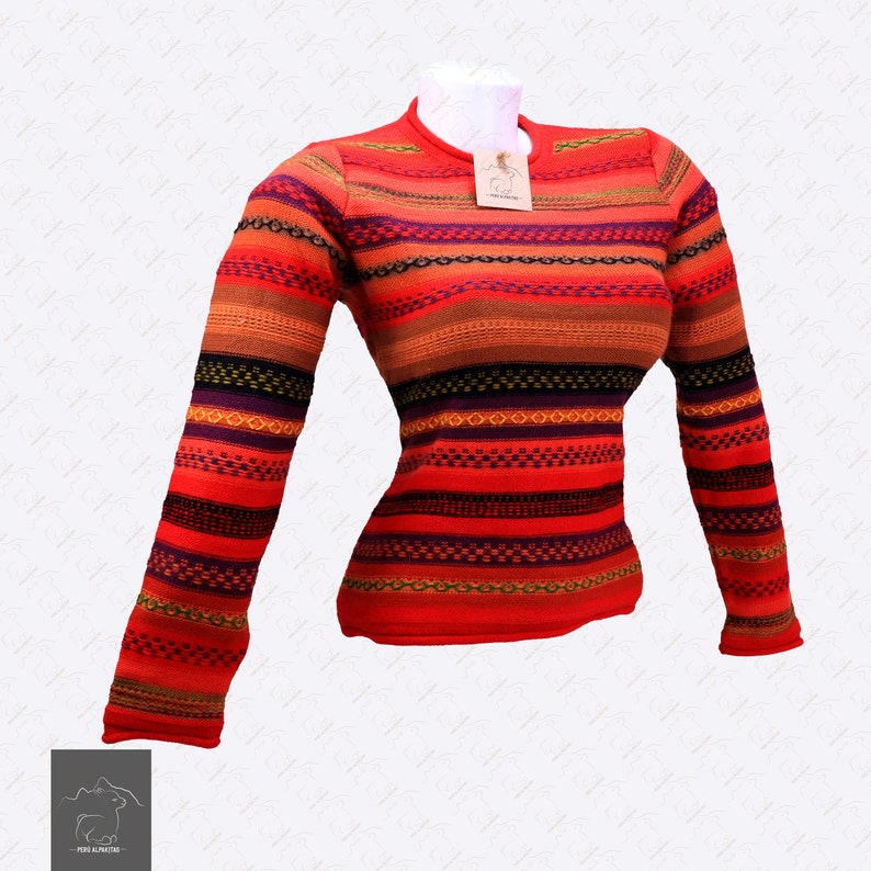 Chompa / Alpaca sweater / Women's sweater / Inca design sweater made of alpaca wool, knitted in Peru, South America. Orange