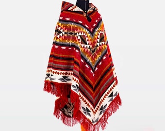 Handgefertigter Alpaka-Poncho mit Kapuze, geometrisches ecuadorianisches Design