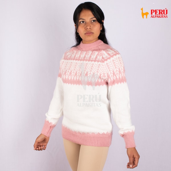 Handmade Pink Alpaca Wool Sweater for Women - Cozy Autumn/Winter Sweater, Leaf Pattern - Ideal Gift