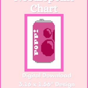 May include: A digital needlepoint chart with a pink soda can design. The can has the word "POP" in white and a pixelated design. The chart is 3.16 x 1.56 inches and is for 18 mesh.