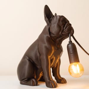 Può includere: Una lampada a forma di bulldog francese marrone scuro che raffigura un cane seduto con orecchie a punta e muso rugoso. Il cane tiene in bocca un cavo elettrico nero collegato a un portalampada rivolto verso il basso con una lampadina accesa.