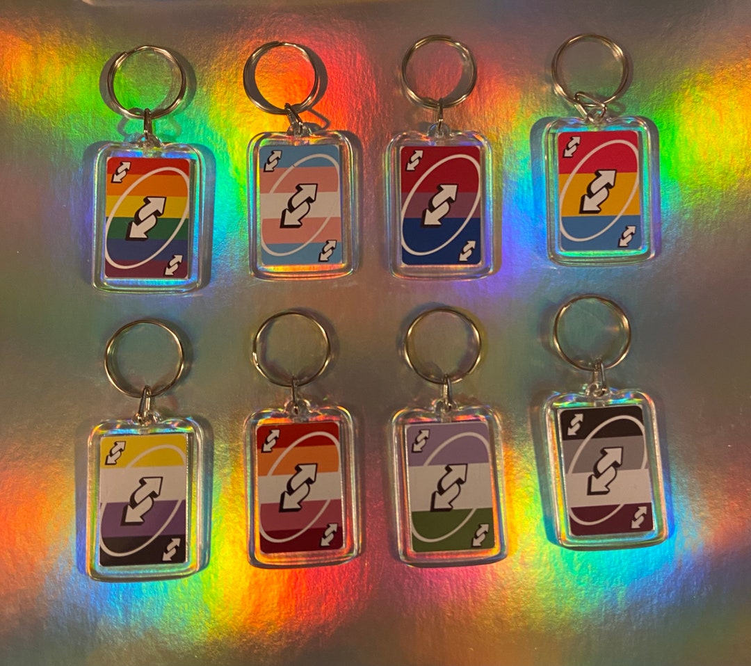 Pride Reverse Uno Card Keychains: Rainbow Lesbian Bisexual 