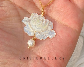 Rose bloom mother of pearl necklace White flower pendant 14kt GF Wrap floweret blossom Custom sterling silver floral bloom Best friend gift