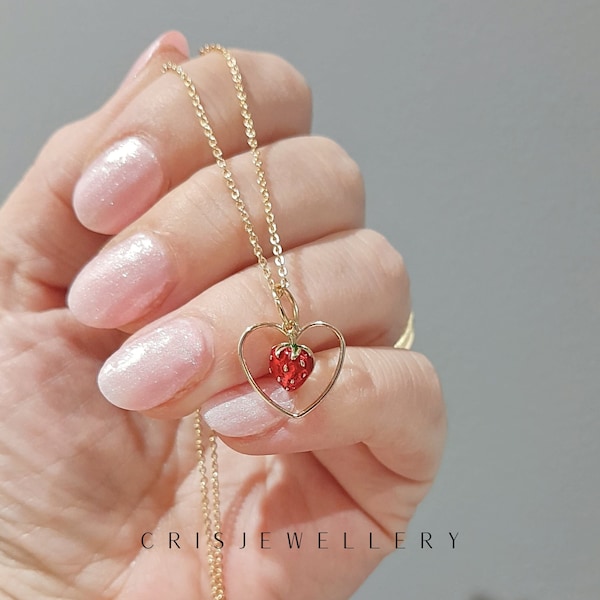 Strawberry necklace Heart dangle strawberry charm necklace GF dainty fruit pendant Strawberry jewelry Open heart charm Valentines day
