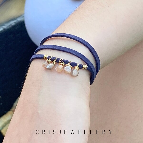 Moonstone bracelet Twisted wire cord bracelet Triple layer suede Peach color moonstone  Dainty teardrop crystal charms bracelet