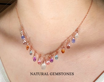 Multi gem ombre necklace Amethyst Aquamarine Moonstone Tanzanite Multi drop colorful choker chain necklace Gold dangling necklace Rose gold