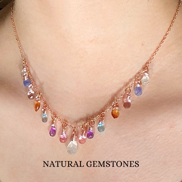 Multi gem ombre necklace Amethyst Aquamarine Moonstone Tanzanite Multi drop colorful choker chain necklace Gold dangling necklace Rose gold