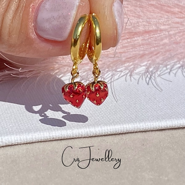 Gold tiny strawberry hoop earring Skinny fruit earring Dainty plant jewelry