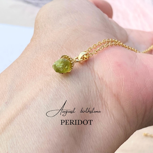 Green natural raw peridot pendant necklace Simple floral earthy shape green crystal August birthstone  Olive stone pendant