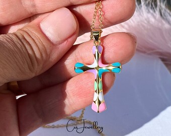 Gold cross pendant choker necklace Dotted long cross jewelry Simple elegant pebble fine cross Religious jewelry Grandma gift