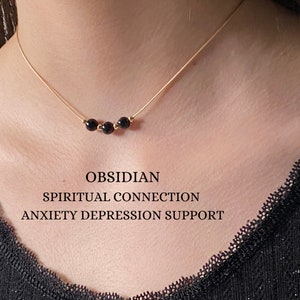Black obsidian beaded choker necklace on cord Boho round gemstone necklace Best friend gift Anxiety stress beachy jewelry Feminine collar