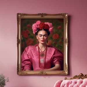 May include: A pink velvet armchair with a tufted back and gold-painted legs sits in a pink room with a framed portrait of a woman wearing a pink dress and a flower crown.