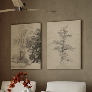 Vintage Tree Sketch Set of 2,  Rustic Tree Drawings, Botanical Art, Farmhouse Art Set, Nature Sketch, DIGITAL DOWNLOAD
