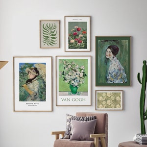 Gallery Wall Art Set of 6, Eclectic Print Set, Green Wall Decor, Wall Prints Bundle, Gustav Klimt, Van Gogh, Flower Set, Digital Prints