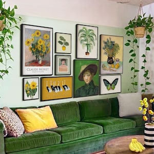 Gallery Wall Art Set of 9, Eclectic Print Set, Vintage Botanical Wall Art, Flower Market, Boho Wall Decor, Green & Yellow, Digital Download