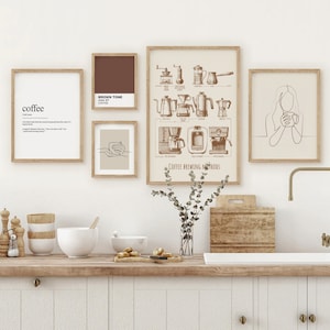 Gallery wall set of 5, kitchen wall decor, dining room wall art, Coffee Methods, Coffee Bar Art, Line Art, coffee corner decor, Minimal Art