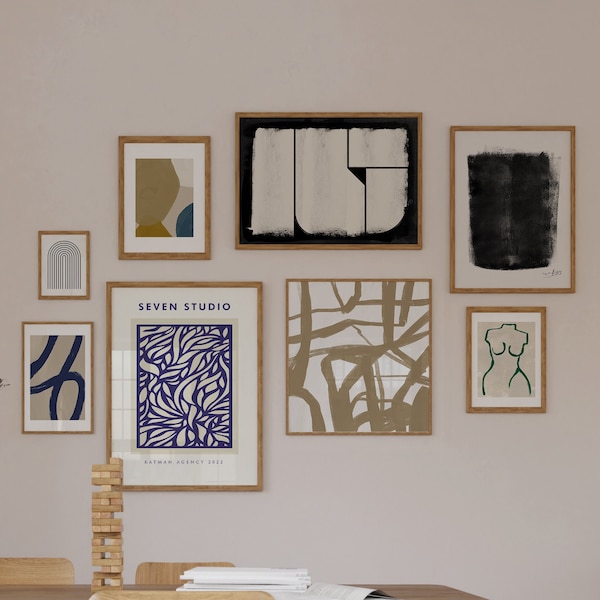 Gallery Wall Art Set of 8, Modern Abstract Print Set, Scandinavian Wall Art, Minimal Wall Set, Black Beige Blue, Boho Bundle set, DIGITAL