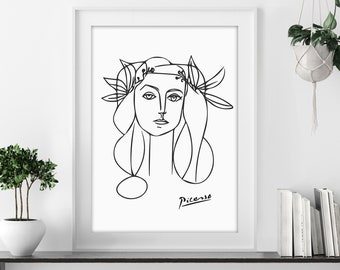 Picasso Woman Line Art, Picasso Poster One Line, Picasso Female Face Art, picasso sketch, black and white, picasso art print, abstract art