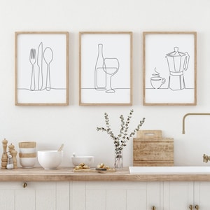 Kitchen Wall Art Set of 3, Line Drawing Kitchen Prints, Housewarming Gift, Food Drink Print, Dining room wall decor, Kitchen Decor