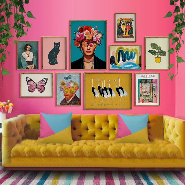 Eclectic Gallery Wall Set of 10, Maximalist Wall Decor, Gipsy Style, Wall Prints Bundle, digital download, frida kahlo, picasso, van gogh