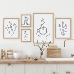 Set di 5 arte da parete per cucina, stampe da cucina con disegno al tratto, regalo di inaugurazione della casa, stampa di bevande alimentari, decorazione della parete della sala da pranzo, arredamento della cucina, linea artistica