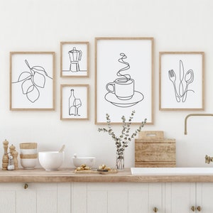 Conjunto de arte de pared de cocina de 5, impresiones de cocina de dibujo lineal, regalo de inauguración de la casa, impresión de bebidas de alimentos, decoración de la pared del comedor, decoración de la cocina, arte lineal