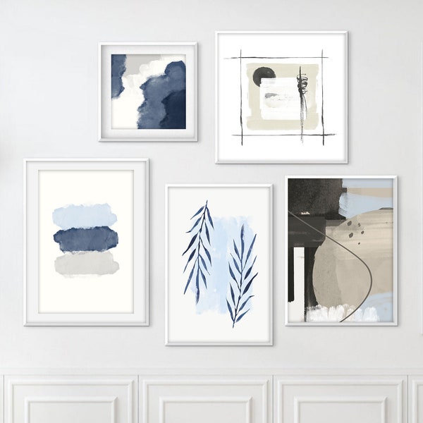 Blue Art Print Set of 5, Abstract, Digital Printable Art, Beige Blue Poster Set, Modern Wall Art, Color Block Prints, Gallery Wall Art