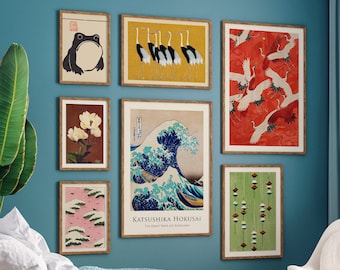 Eclectic Wall Art Set of 7, Gallery Wall Print Set, Japanese Poster, Colorful Wall Decor, Red Crane, Yellow Crane, Hokusai, Ogata Korin