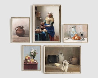 May include: A gallery wall set of five framed art prints featuring classic still life and genre paintings. The collection includes a milkmaid pouring liquid, a brown ceramic jug, a fruit bowl with a vase, a floral arrangement, and kitchenware.