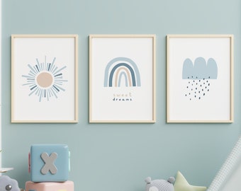 Boy Rainbow Wall Art Set of 3, Sunshine Print, Blue Rainbow Baby Nursery Decor, Kids Printable Nursery Art, Cloud Rain Sun Digital Download