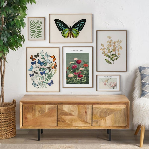 Gallery Wall Art Set of 6, Eclectic Set, Botanical Art, Butterfly, Flower Wall Decor, Boho Wall Decor, Vintage Floral, Digital Download