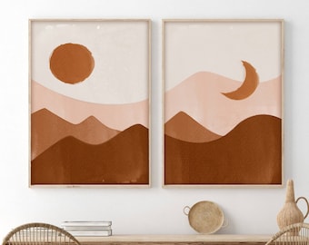 Sun and Moon Print Set: Mid Century Modern Terracotta Landscape (Digital Download)
