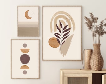 Boho Wall Art Prints Set: Terracotta Abstract, Plants, Moon (Digital Download)