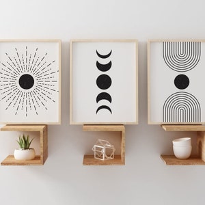 Sun Moon Rainbow Print Set of 3, Mid Century Modern Minimal Wall Art, Boho Home Decor, Printable Wall Art, black and white, Boho Art Prints